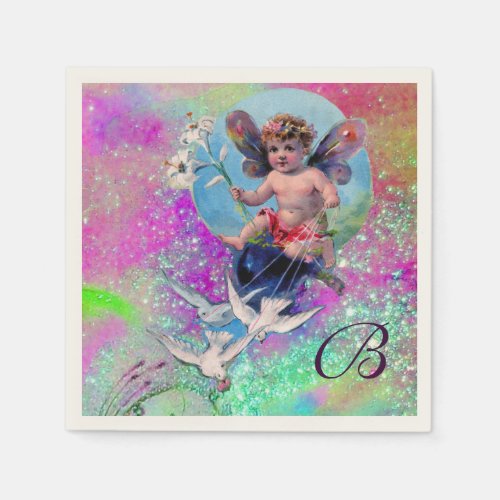 BABY FAIRY WITH DOVES IN PURPLE TEAL SPARKLES NAPKINS