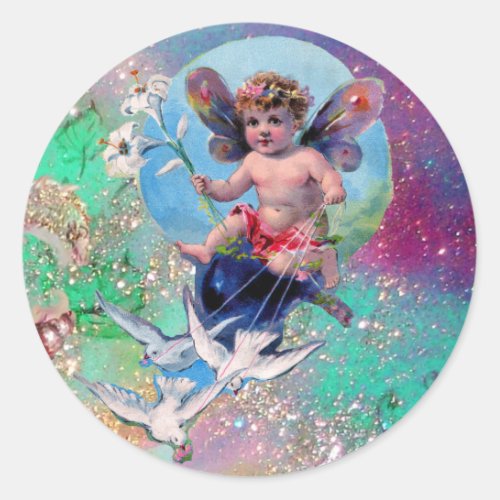 BABY FAIRY WITH DOVES IN SPARKLES blue green Classic Round Sticker