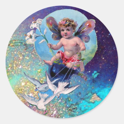 BABY FAIRY WITH DOVES IN SPARKLES blue green Classic Round Sticker