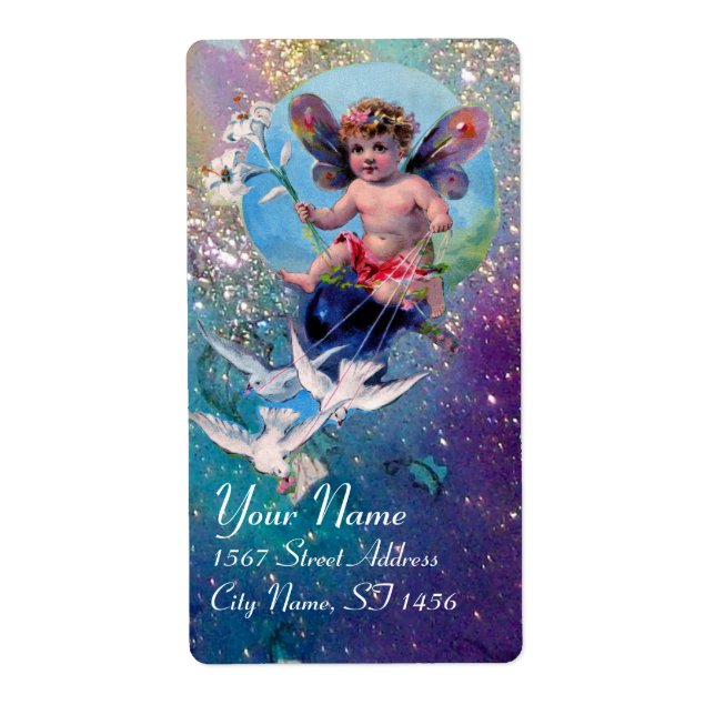 BABY FAIRY WITH DOVES IN SPARKLES blue green gold Label (Front)