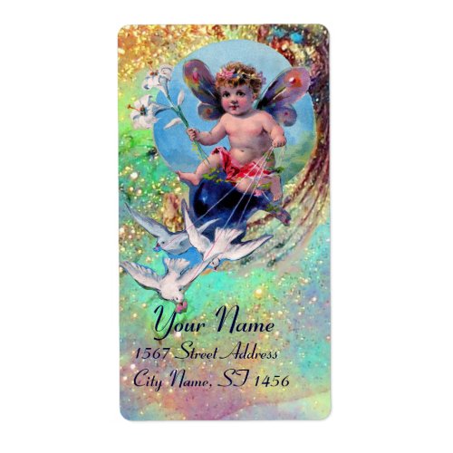 BABY FAIRY WITH DOVES IN SPARKLES blue green gold Label