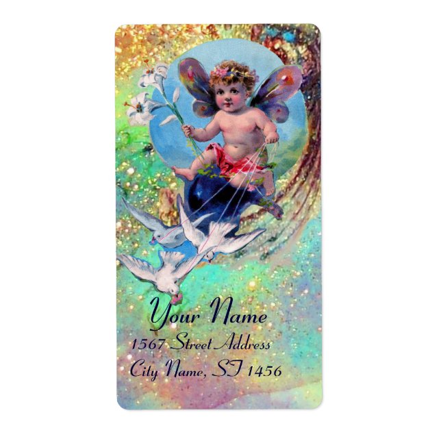 BABY FAIRY WITH DOVES IN SPARKLES blue green gold Label (Front)