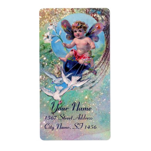 BABY FAIRY WITH DOVES IN SPARKLES blue green gold Label