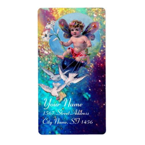 BABY FAIRY WITH DOVES IN SPARKLES blue green gold Label