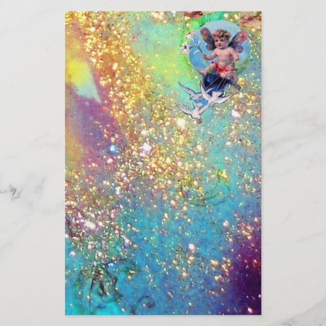 BABY FAIRY WITH DOVES IN SPARKLES ,blue green gold Stationery (Front)