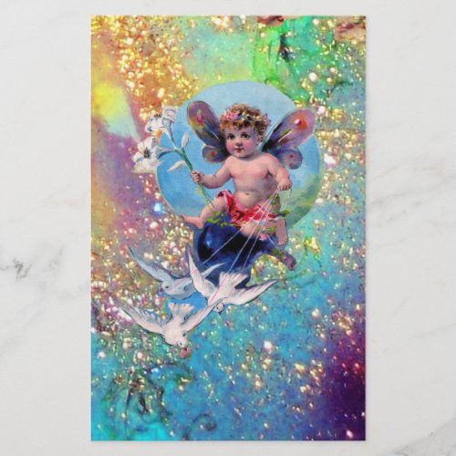 BABY FAIRY WITH DOVES IN SPARKLES blue green gold Stationery