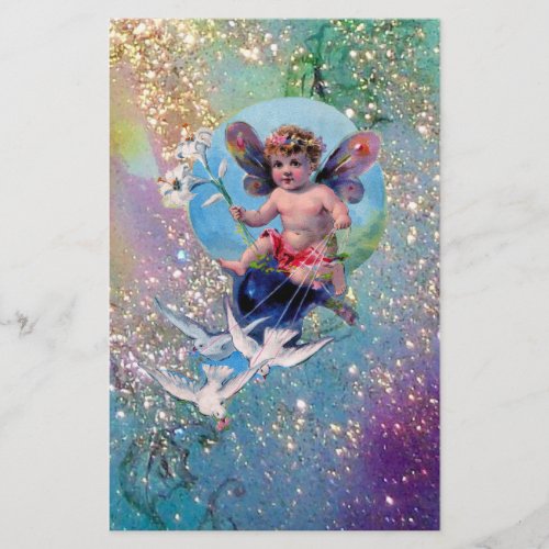 BABY FAIRY WITH DOVES IN SPARKLES  blue green gold Stationery