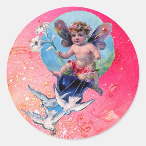 BABY FAIRY WITH DOVES IN SPARKLES blue pink Classic Round Sticker
