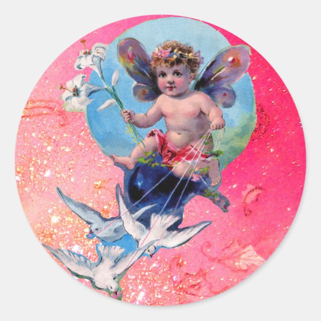 BABY FAIRY WITH DOVES IN SPARKLES blue pink Classic Round Sticker (Front)