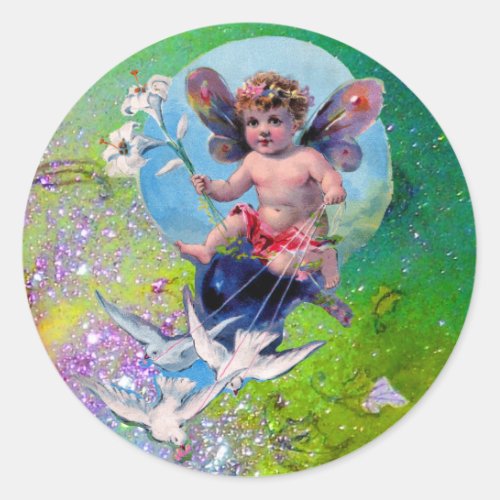 BABY FAIRY WITH DOVES IN SPARKLES blue pink green Classic Round Sticker