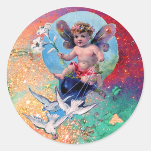 BABY FAIRY WITH DOVES IN SPARKLES blue pink green Classic Round Sticker