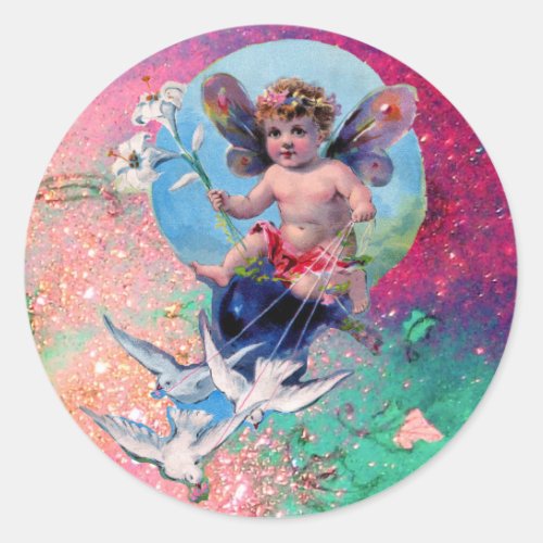 BABY FAIRY WITH DOVES IN SPARKLES blue pink green Classic Round Sticker