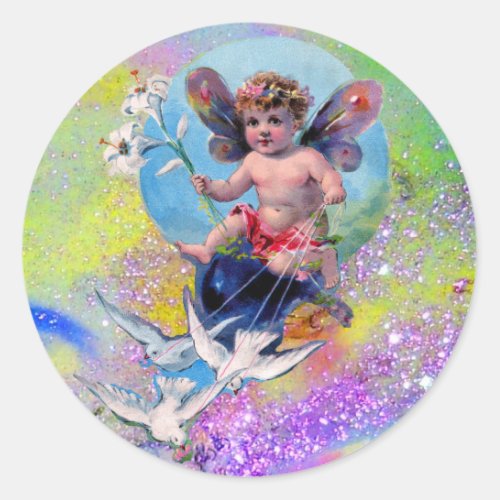 BABY FAIRY WITH DOVES IN SPARKLES blue pink green Classic Round Sticker
