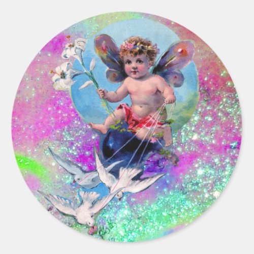 BABY FAIRY WITH DOVES IN SPARKLES blue pink violet Classic Round Sticker