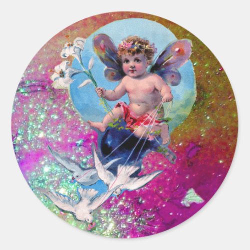 BABY FAIRY WITH DOVES IN SPARKLES blue pink violet Classic Round Sticker