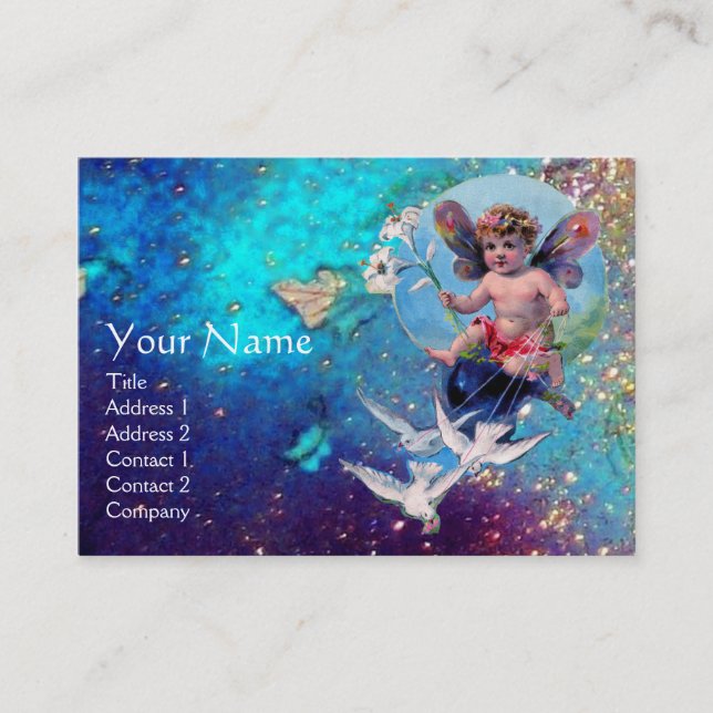 BABY FAIRY WITH DOVES IN SPARKLES blue yellow gold Business Card (Front)