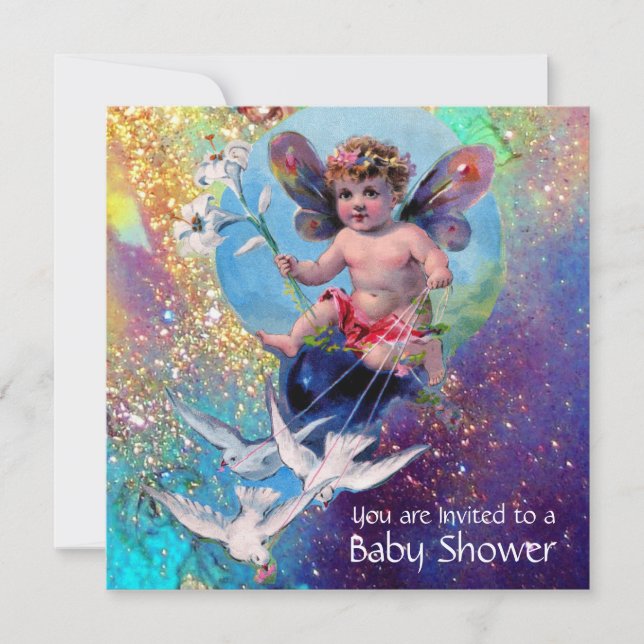 BABY FAIRY WITH DOVES IN SPARKLES Champagne Invitation (Front)