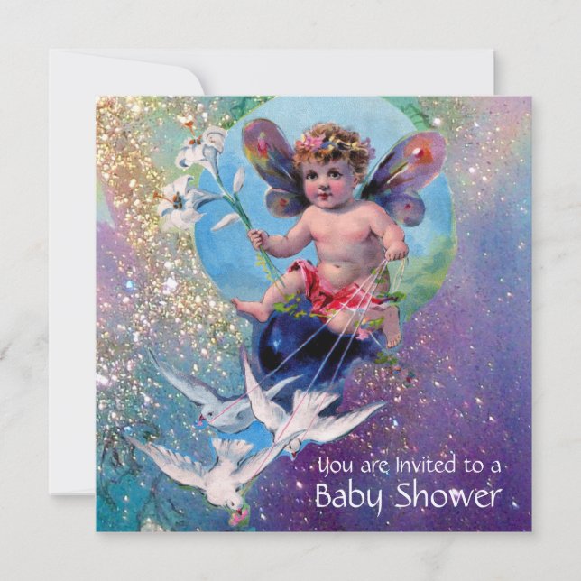 BABY FAIRY WITH DOVES IN SPARKLES Champagne Invitation (Front)
