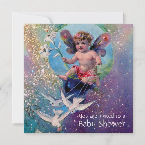 BABY FAIRY WITH DOVES IN SPARKLES Champagne Invitation