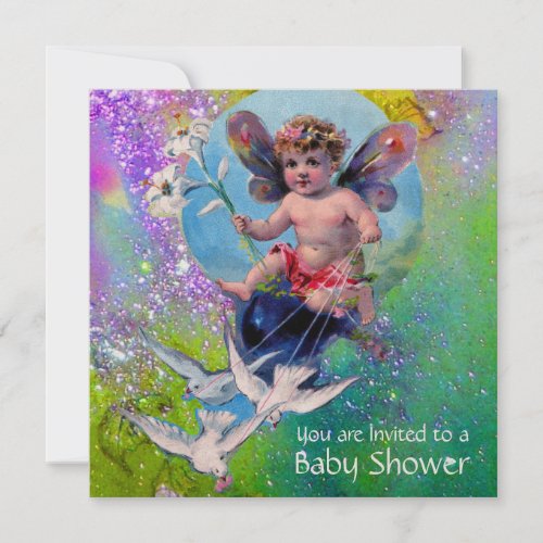 BABY FAIRY WITH DOVES IN SPARKLES Champagne Yellow Invitation