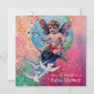 BABY FAIRY WITH DOVES IN SPARKLES Gold Metallic Invitation