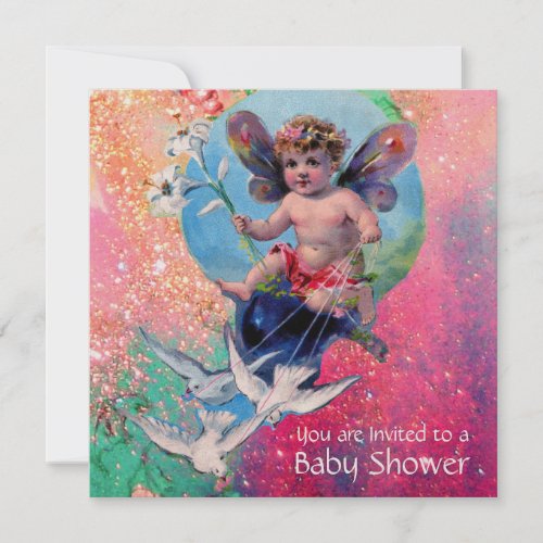 BABY FAIRY WITH DOVES IN SPARKLES Gold Metallic Invitation
