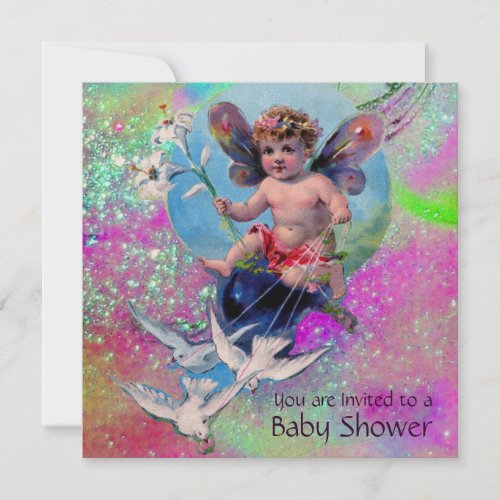 BABY FAIRY WITH DOVES IN SPARKLES Gold Pink Invitation