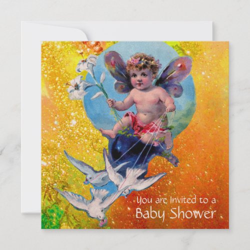 BABY FAIRY WITH DOVES IN SPARKLES Gold Yellow Invitation