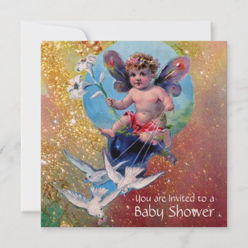 BABY FAIRY WITH DOVES IN SPARKLES Gold Yellow Invitation