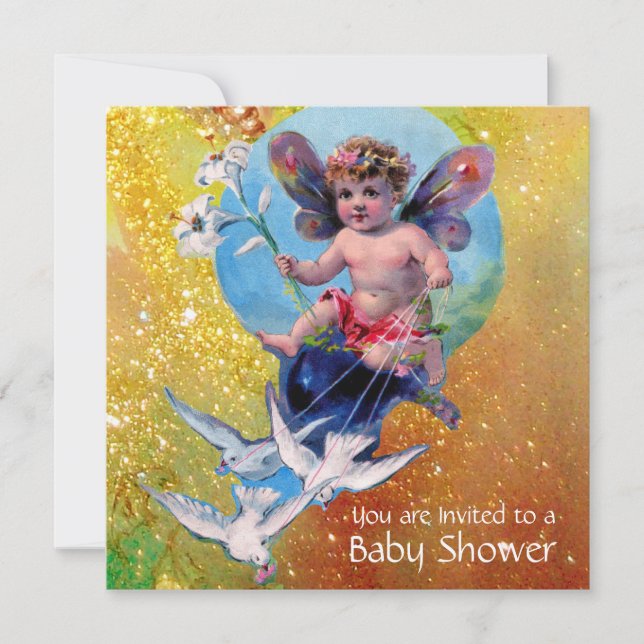 BABY FAIRY WITH DOVES IN SPARKLES Gold Yellow Invitation (Front)