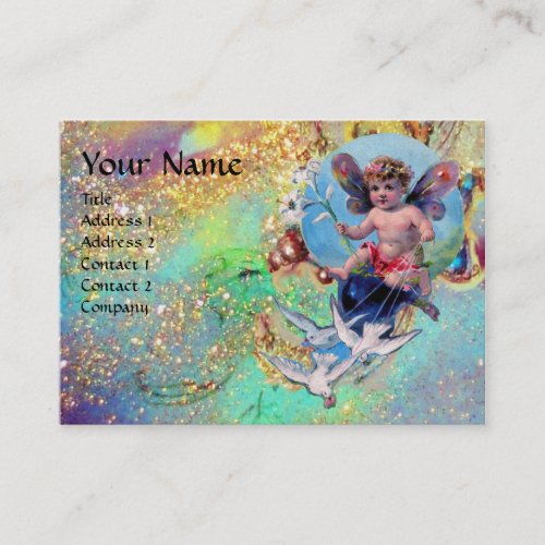 BABY FAIRY WITH DOVES IN SPARKLES green pearl Business Card