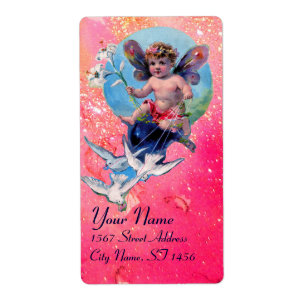 BABY FAIRY WITH DOVES IN SPARKLES ,pink blue Label