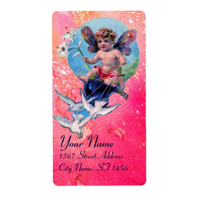BABY FAIRY WITH DOVES IN SPARKLES ,pink blue Label (Front)