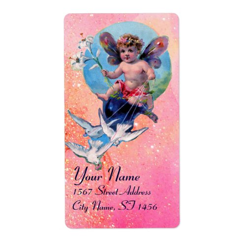 BABY FAIRY WITH DOVES IN SPARKLES pink blue Label