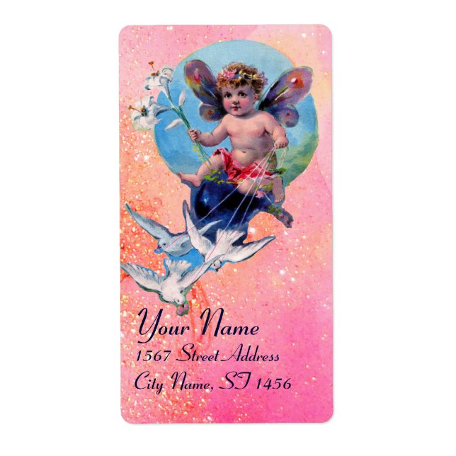 BABY FAIRY WITH DOVES IN SPARKLES ,pink blue Label (Front)