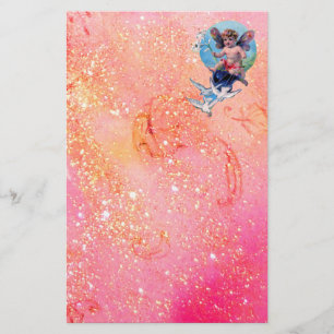 BABY FAIRY WITH DOVES IN SPARKLES ,pink gold Stationery