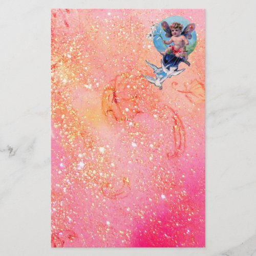 BABY FAIRY WITH DOVES IN SPARKLES pink gold Stationery