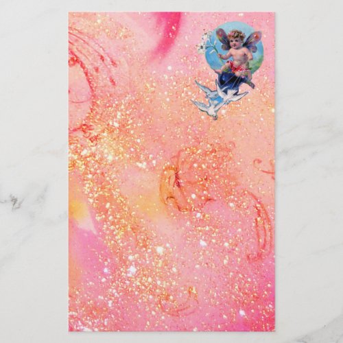 BABY FAIRY WITH DOVES IN SPARKLES pink gold Stationery