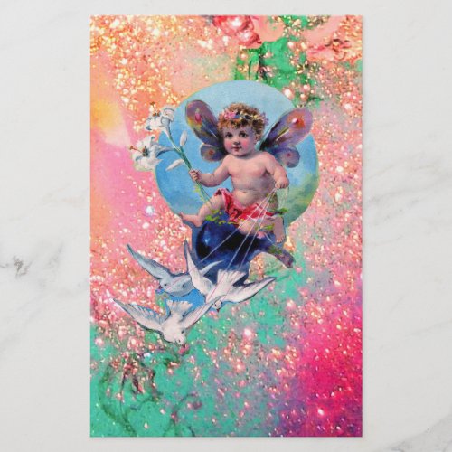 BABY FAIRY WITH DOVES IN SPARKLES  pink green gold Stationery