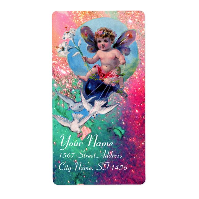 BABY FAIRY WITH DOVES IN SPARKLES ,pink green Label (Front)