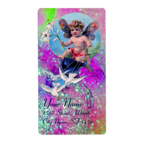 BABY FAIRY WITH DOVES IN SPARKLES pink violet gold Label