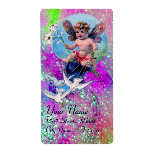 BABY FAIRY WITH DOVES IN SPARKLES pink violet gold Label (Front)