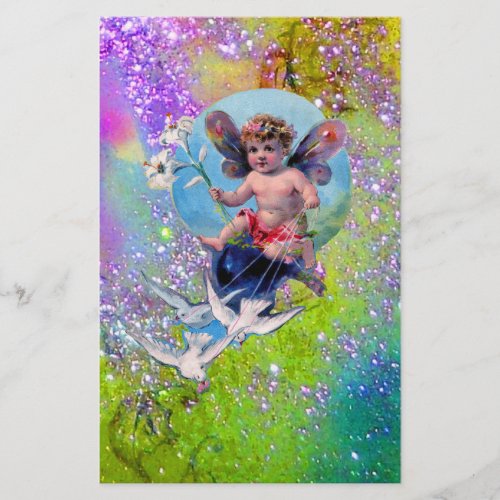 BABY FAIRY WITH DOVES IN SPARKLES purple green Stationery