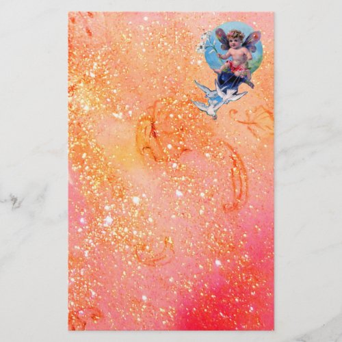 BABY FAIRY WITH DOVES IN SPARKLES red pink gold Stationery