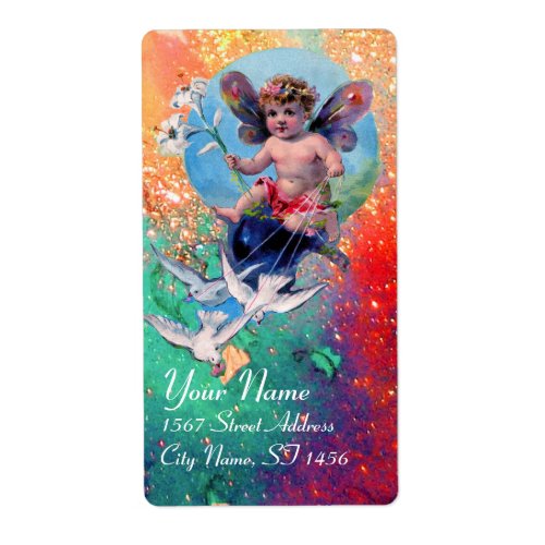 BABY FAIRY WITH DOVES IN SPARKLES red pink green Label