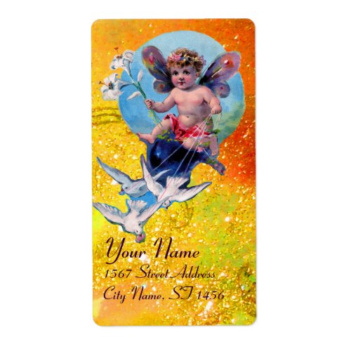 BABY FAIRY WITH DOVES IN SPARKLES red yellow Label