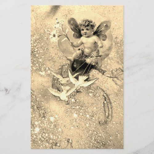 BABY FAIRY WITH DOVES IN SPARKLES Sepia Stationery