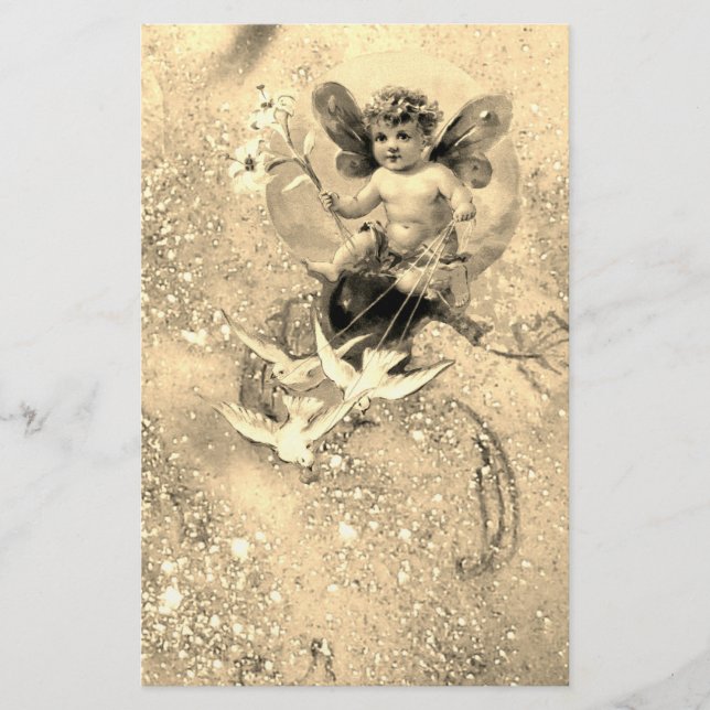 BABY FAIRY WITH DOVES IN SPARKLES Sepia Stationery (Front)