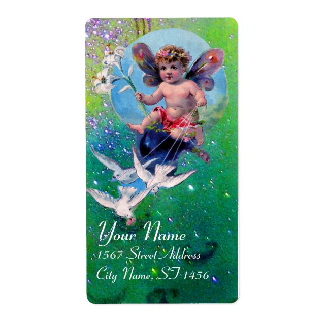 BABY FAIRY WITH DOVES IN SPARKLES violet green Label (Front)