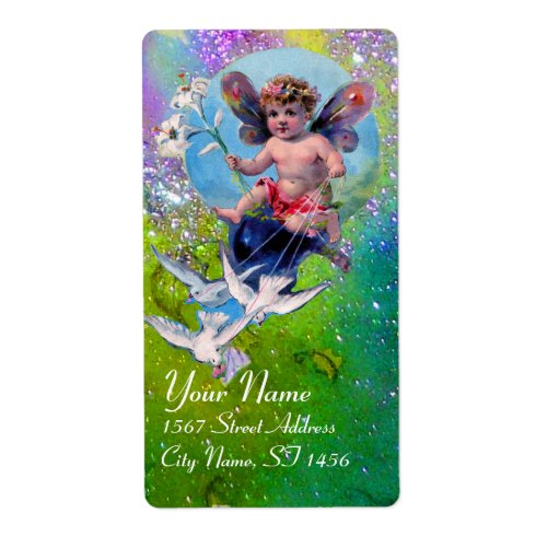 BABY FAIRY WITH DOVES IN SPARKLES violet green Label